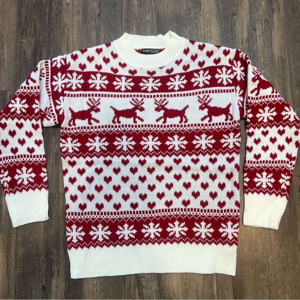 NWOT Christmas Holiday Ugly Sweater Raindeer Knit Cardigan White Red Cold Snow M - Picture 6 of 13